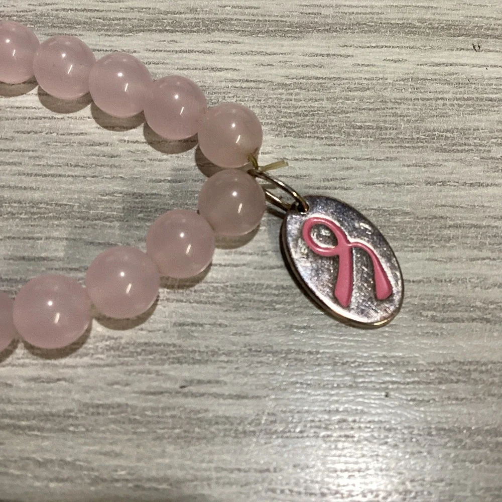 Silvertone Bracelet w/ Pink Beads Breast Carcer Awareness Ribbon Charm‎